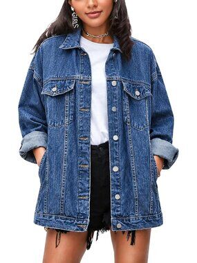 Women's Dark Blue Mid Long Casual Jean Oversized Fall Jacket Trendy with Pocket